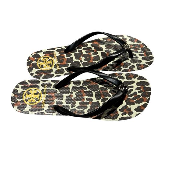 Tory Burch Thin Flip Flop Sandals Animal Leopard PVC/EVA Gold Logo Sz 7 NWOT - Picture 3 of 8